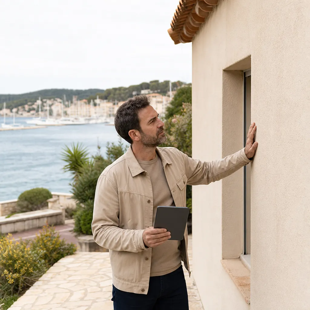 Expert en batiment inspectant une maison a Sanary-sur-Mer